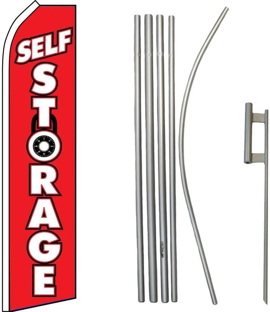AES Self Storage Lock Red/White Swooper Super Flag & 16ft Flagpole Kit/Ground Spike