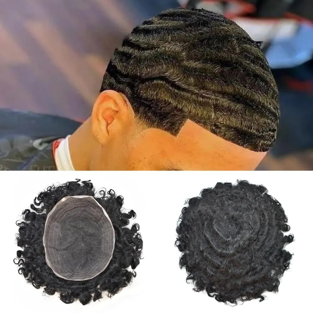 Afro Toupee for Black Mens Toupee Hairpiece 8X10 Inch Full Lace African American Men Weave Units Human Hair Replacement System(16MM Wavy, 1# Jet Black)