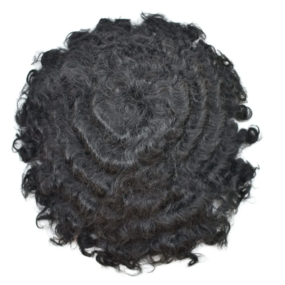 Afro Toupee for Black Mens Toupee Hairpiece 8X10 Inch Full Lace African American Men Weave Units Human Hair Replacement System(16MM Wavy, 1# Jet Black)