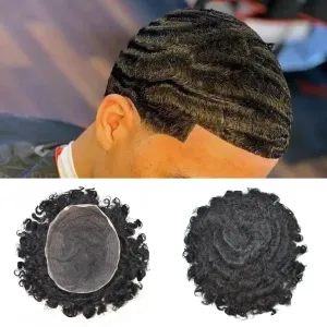 Afro Toupee for Black Mens Toupee Hairpiece 8X10 Inch Full Lace African American Men Weave Units Human Hair Replacement System(16MM Wavy, 1# Jet Black)