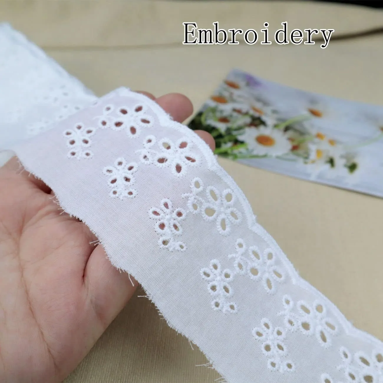 AIETSYEI Cotton Lace Trim White Lace Ribbon Eyelet Lace Embroidery Ruffle Lace Trim for Dresses, Baby Clothes, Bag, Pets Clothes (7 Yards, White)