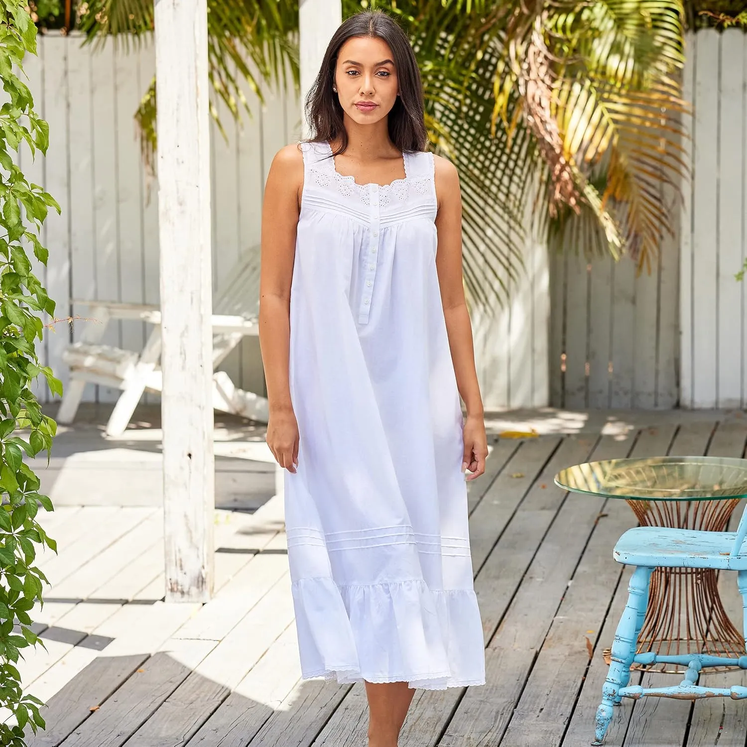 Alexander Del Rossa 100% Cotton Nightgowns for Women - White Vintage Victorian Sleeveless Nightgown