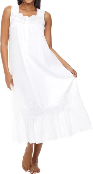 Alexander Del Rossa 100% Cotton Nightgowns for Women - White Vintage Victorian Sleeveless Nightgown
