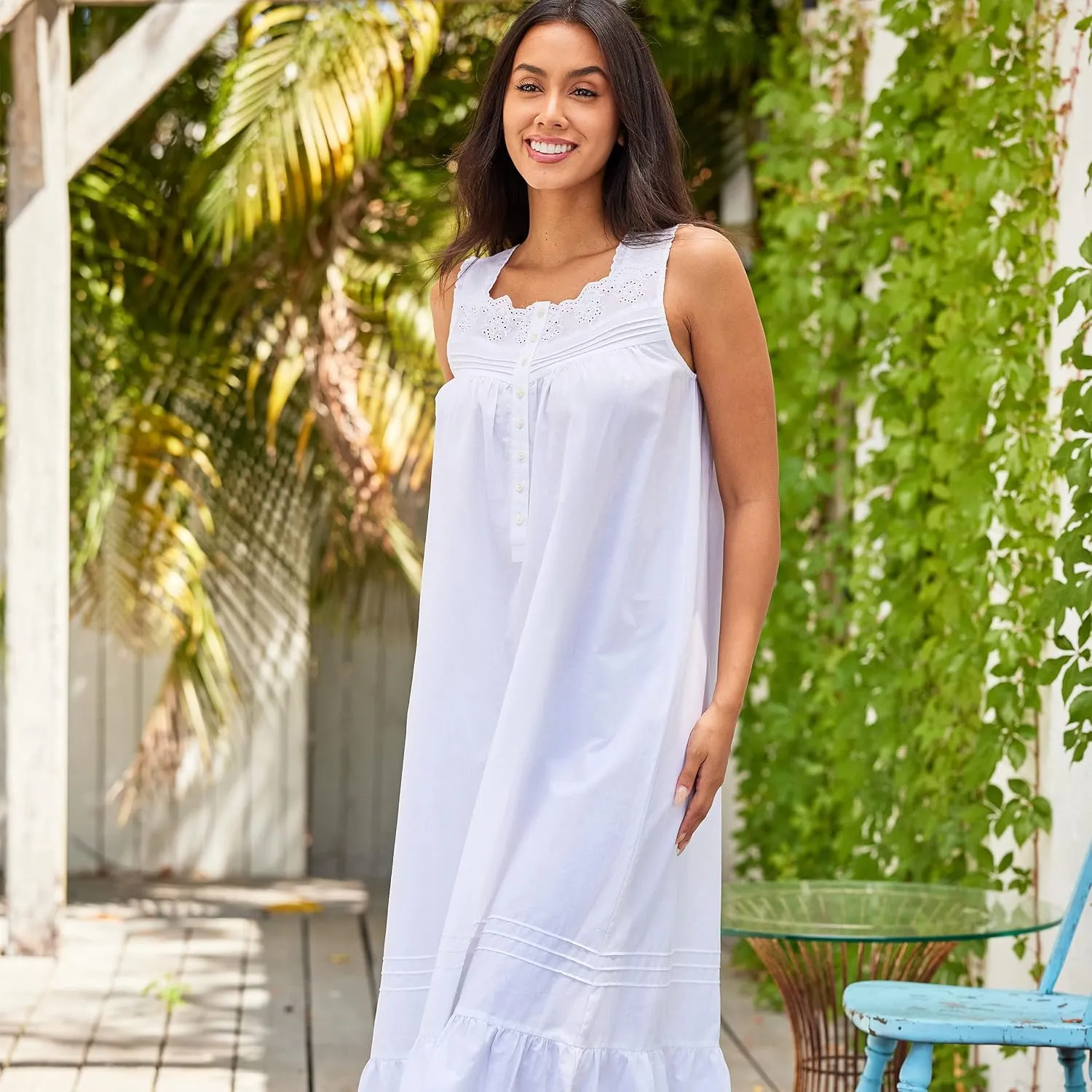 Alexander Del Rossa 100% Cotton Nightgowns for Women - White Vintage Victorian Sleeveless Nightgown