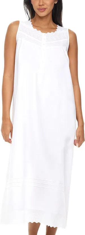 Alexander Del Rossa White Cotton Nightgowns for Women, Long Sleeveless Nightgowns for Women Soft Cotton, Vintage Summer Gown