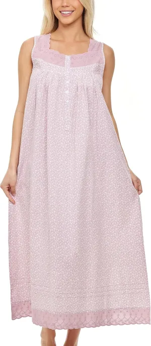 Alexander Del Rossa White Cotton Nightgowns for Women, Long Sleeveless Nightgowns for Women Soft Cotton, Vintage Summer Gown