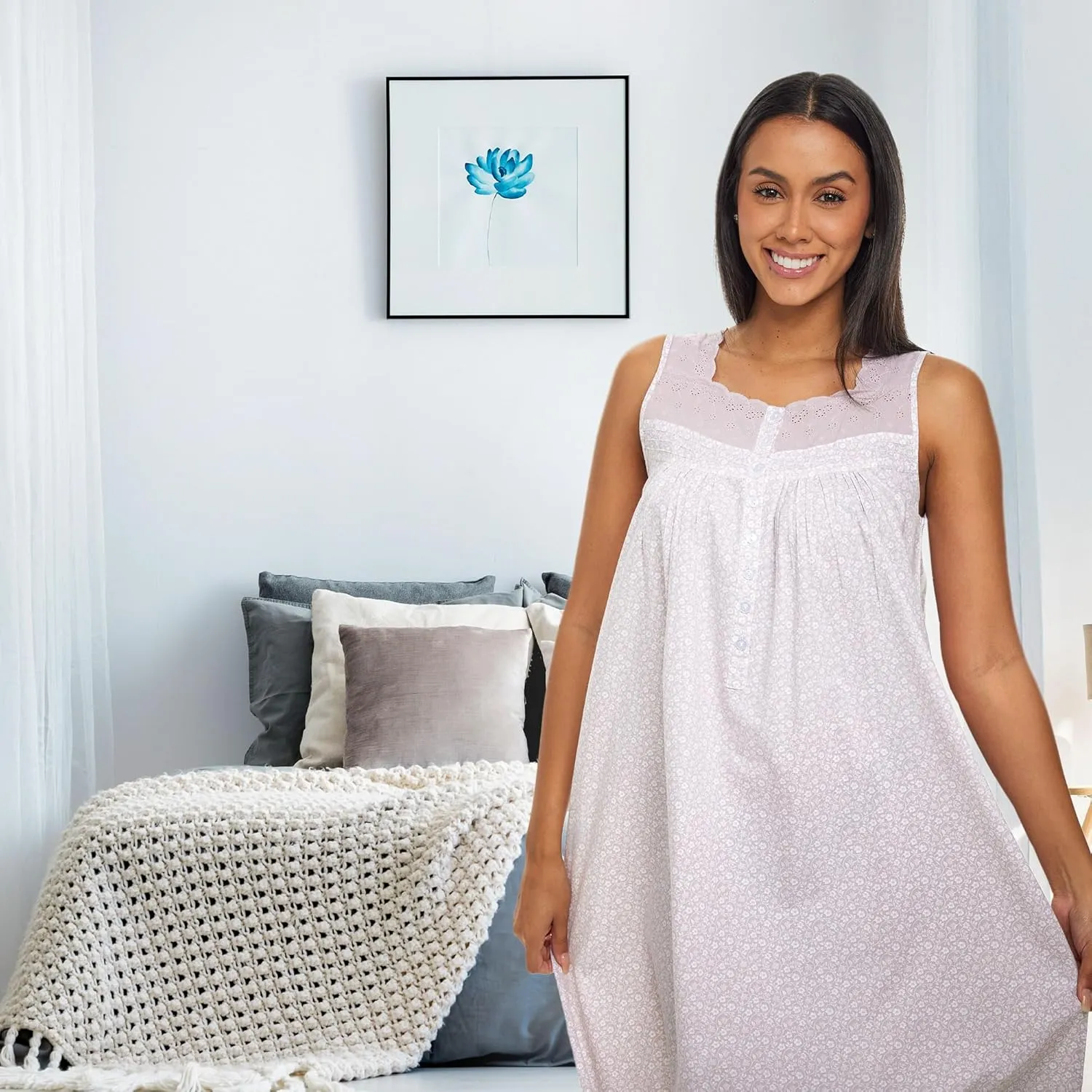 Alexander Del Rossa White Cotton Nightgowns for Women, Long Sleeveless Nightgowns for Women Soft Cotton, Vintage Summer Gown