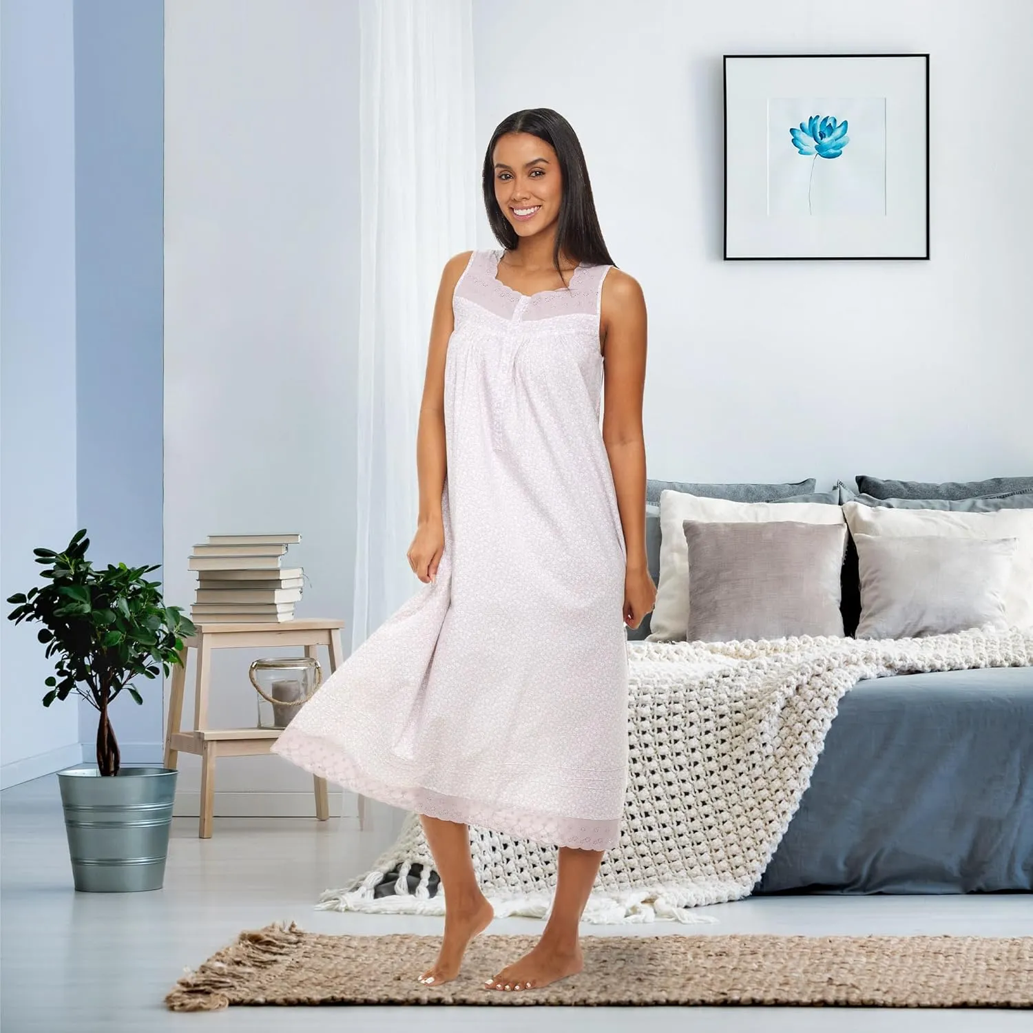 Alexander Del Rossa White Cotton Nightgowns for Women, Long Sleeveless Nightgowns for Women Soft Cotton, Vintage Summer Gown
