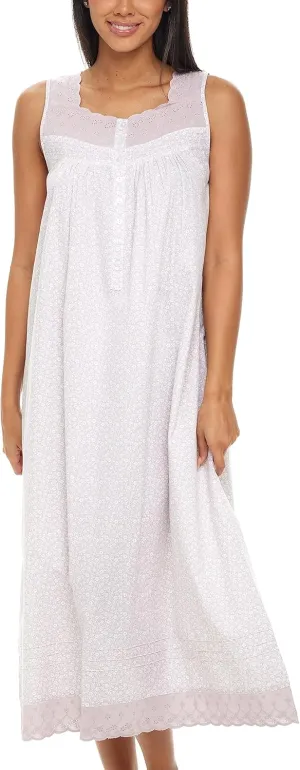 Alexander Del Rossa White Cotton Nightgowns for Women, Long Sleeveless Nightgowns for Women Soft Cotton, Vintage Summer Gown