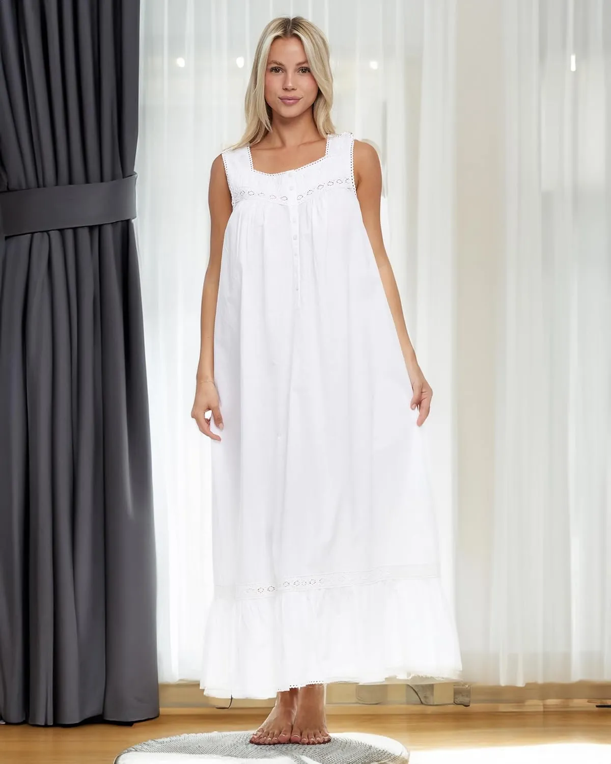 Alexander Del Rossa White Cotton Nightgowns for Women, Victorian Nightgown, Ladies Vintage White Cotton Sleeveless Nightgown