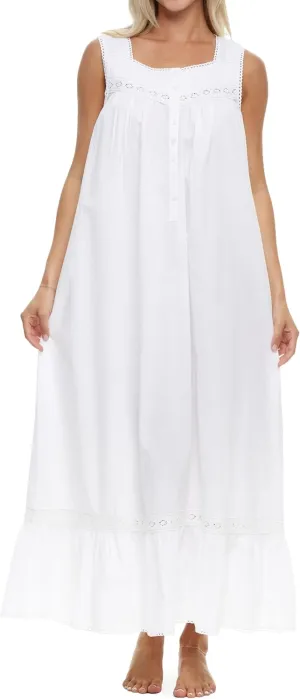 Alexander Del Rossa White Cotton Nightgowns for Women, Victorian Nightgown, Ladies Vintage White Cotton Sleeveless Nightgown