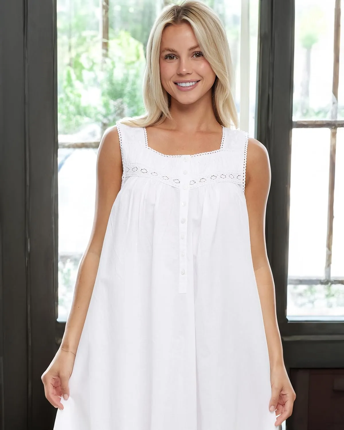 Alexander Del Rossa White Cotton Nightgowns for Women, Victorian Nightgown, Ladies Vintage White Cotton Sleeveless Nightgown