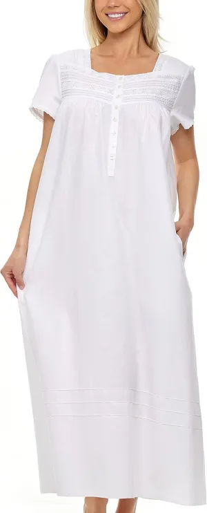 Alexander Del Rossa White Cotton Nightgowns for Women, Vintage Victorian Nightgown, Nightgowns for Women Soft Cotton