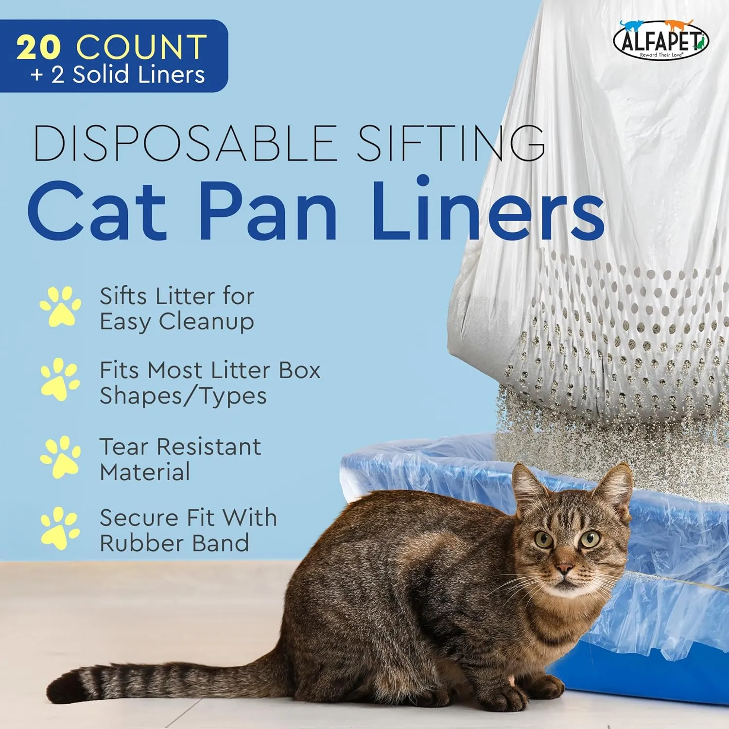 Alfapet Original Sifting Cat Litter Box Liners - Extra Giant 20 Count - Tear-Resistant Cat Litter Bags - Waterproof Kitty Litter Liners - Fits Almost All Litterbox Pan Sizes, 40" x 38", 30 lb Capacity
