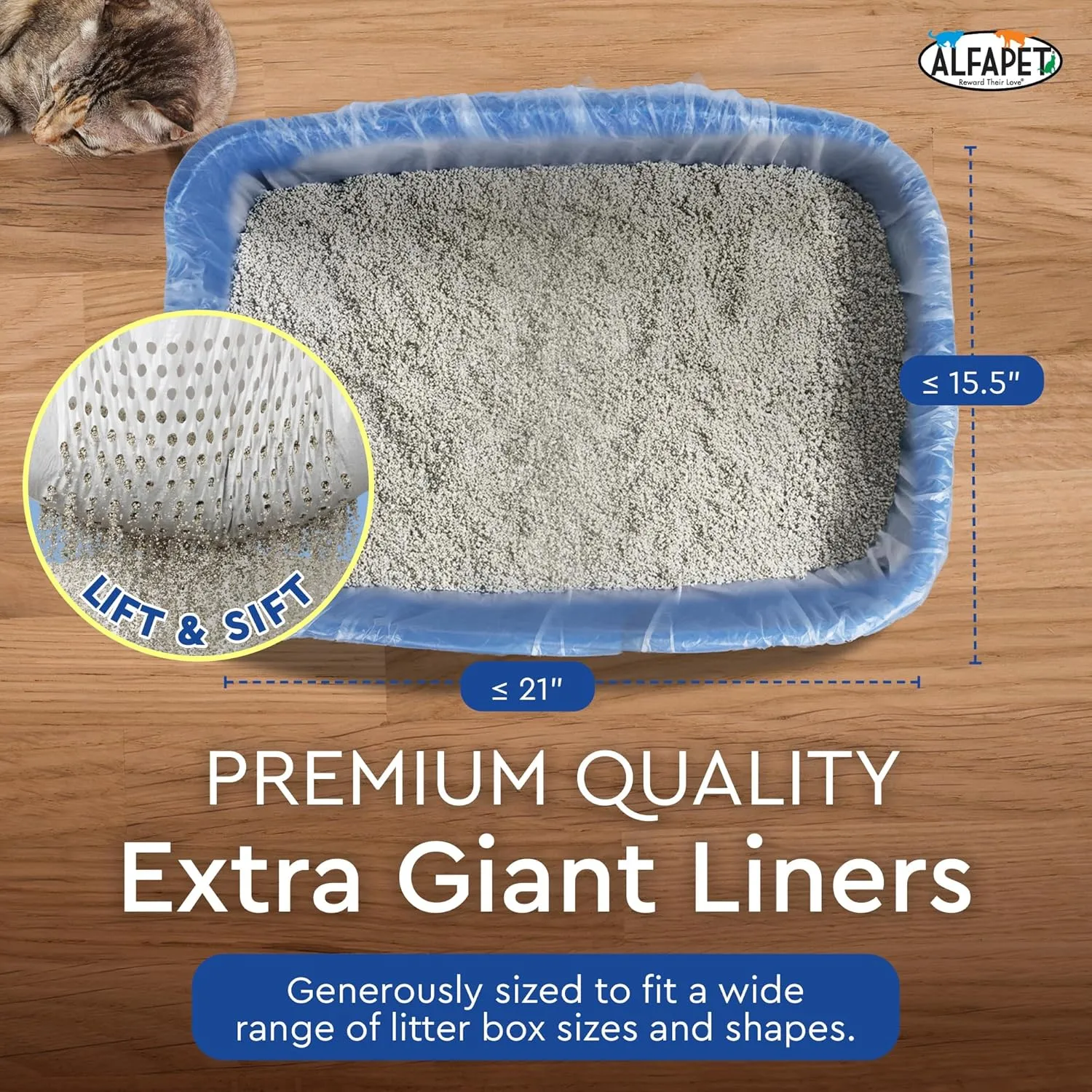 Alfapet Original Sifting Cat Litter Box Liners - Extra Giant 20 Count - Tear-Resistant Cat Litter Bags - Waterproof Kitty Litter Liners - Fits Almost All Litterbox Pan Sizes, 40" x 38", 30 lb Capacity