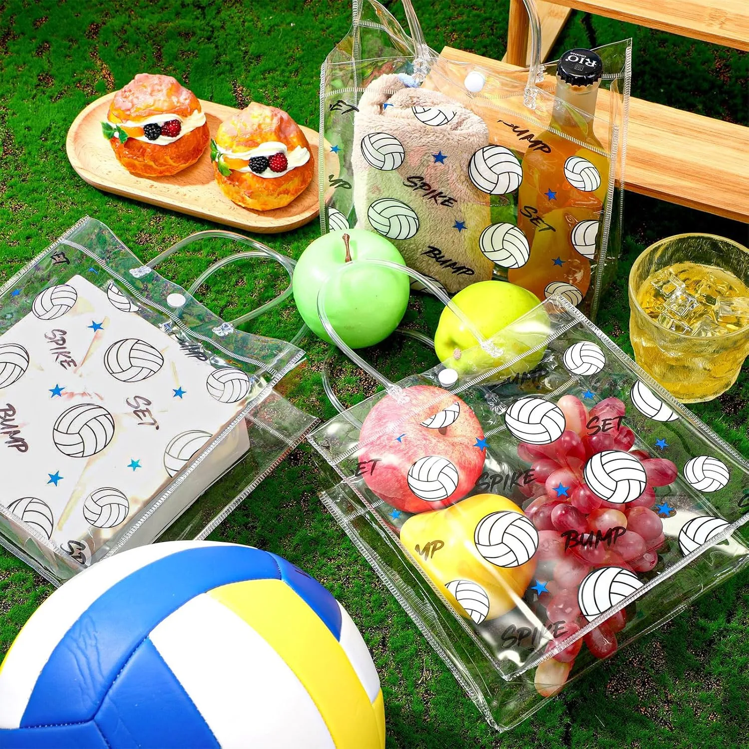 Aliceset 20 Pcs Volleyball Clear Treat Bags with Handles Volleyball Goodie Bags Sport Theme Party Favor for Team Snack Birthday Gifts, 8 x 8 x 3.15''
