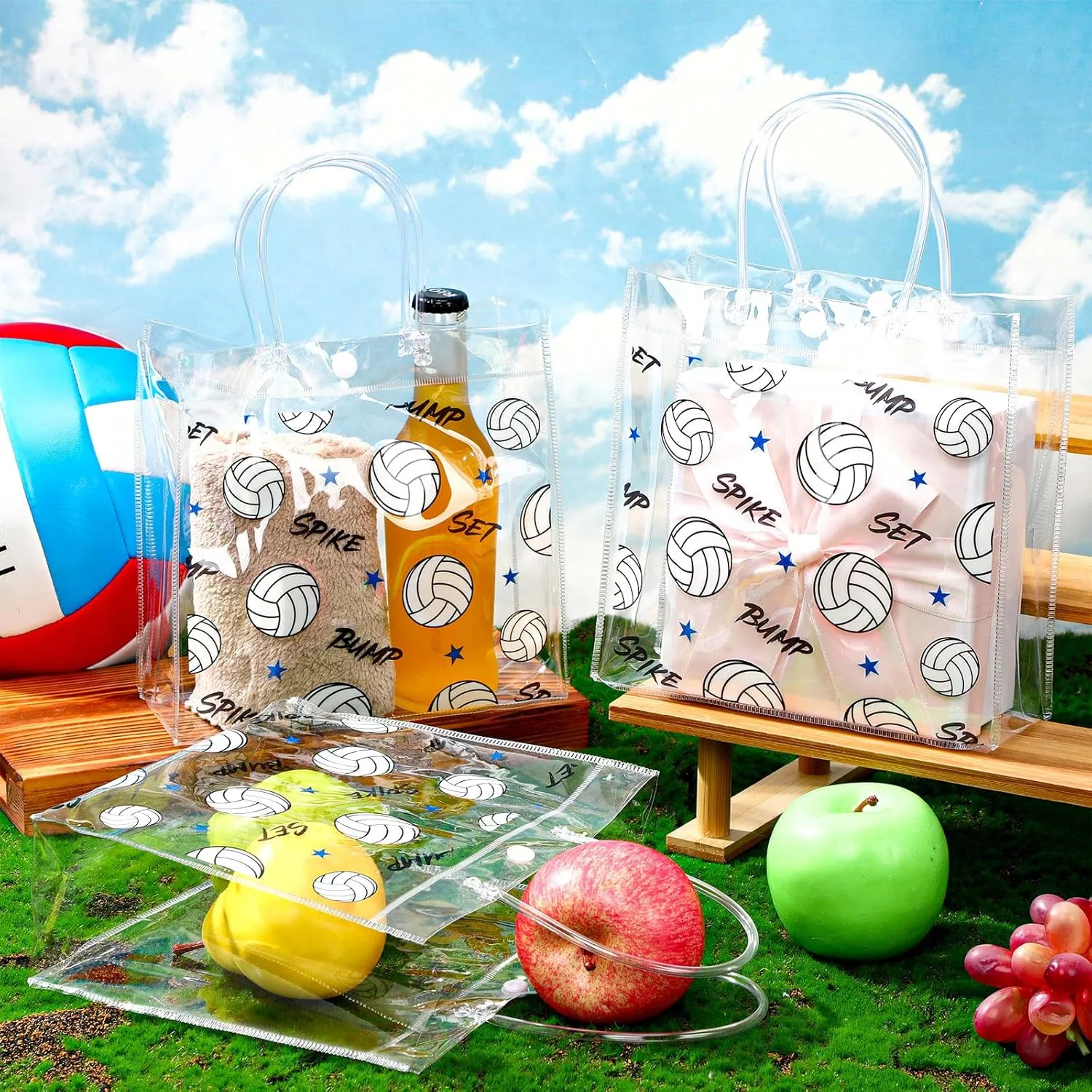 Aliceset 20 Pcs Volleyball Clear Treat Bags with Handles Volleyball Goodie Bags Sport Theme Party Favor for Team Snack Birthday Gifts, 8 x 8 x 3.15''
