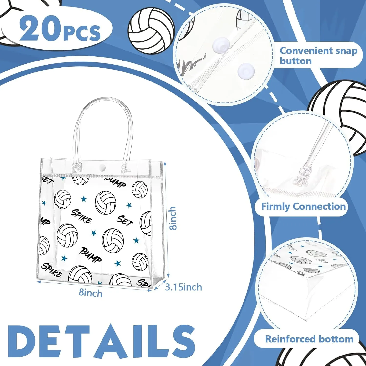 Aliceset 20 Pcs Volleyball Clear Treat Bags with Handles Volleyball Goodie Bags Sport Theme Party Favor for Team Snack Birthday Gifts, 8 x 8 x 3.15''