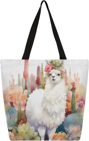 Alpaca Cactus Watercolor Large Capacity Canvas Tote Bag Stylish Handheld Shoulder Bag Reusable Shopping Bag for Work Travel Beach Trips Shopping