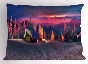 Ambesonne Milky Way Pillow Sham, Wild Alpine Scene with Cabin in The Woods Winter with Starry Skyline Illustration, Decorative Standard King Size Printed Pillowcase, 36" X 20", Multicolor