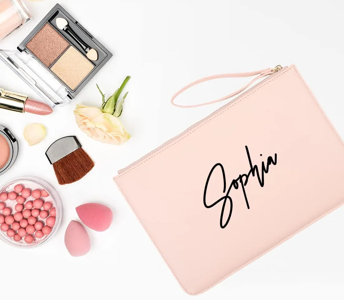 Andaz Press Personalized Vegan Leather Wristlet Clutch Purse Pouch Bag for Women, Bridesmaid Proposal Gifts, Custom Name Script Cosmetic Bag for Wedding Bachelorette Bridal Shower Bridal Party, 1-Pack