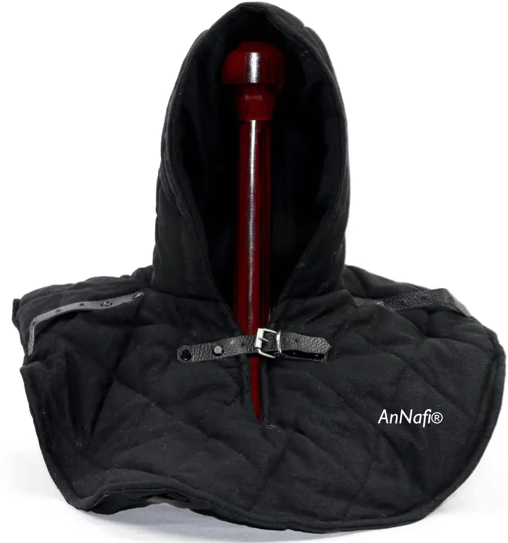 AnNafi® Renaissance Medieval Cotton Padded Armor Collar and Coif Arming Cap| Aventail Neck Head Protector Under Armor |Black