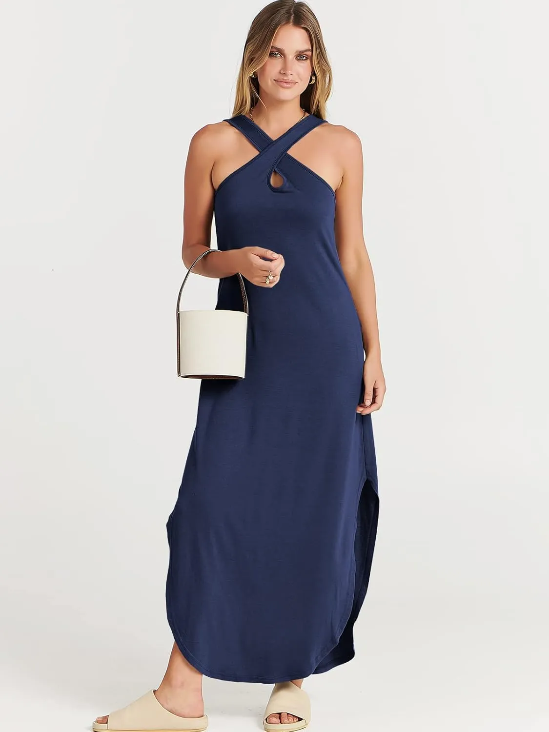 ANRABESS Women’s Casual Summer Maxi Dress Sexy Slit Side Sleeveless Loose Beach Long Sundress Vacation Outfits with Pockets