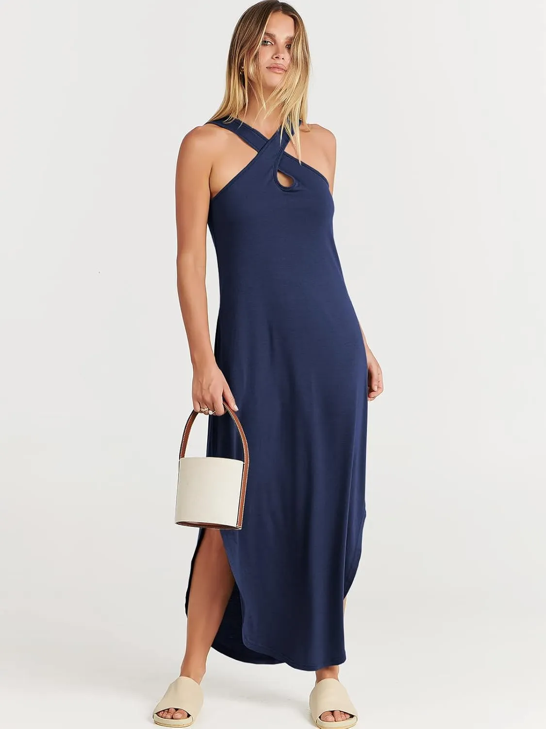 ANRABESS Women’s Casual Summer Maxi Dress Sexy Slit Side Sleeveless Loose Beach Long Sundress Vacation Outfits with Pockets