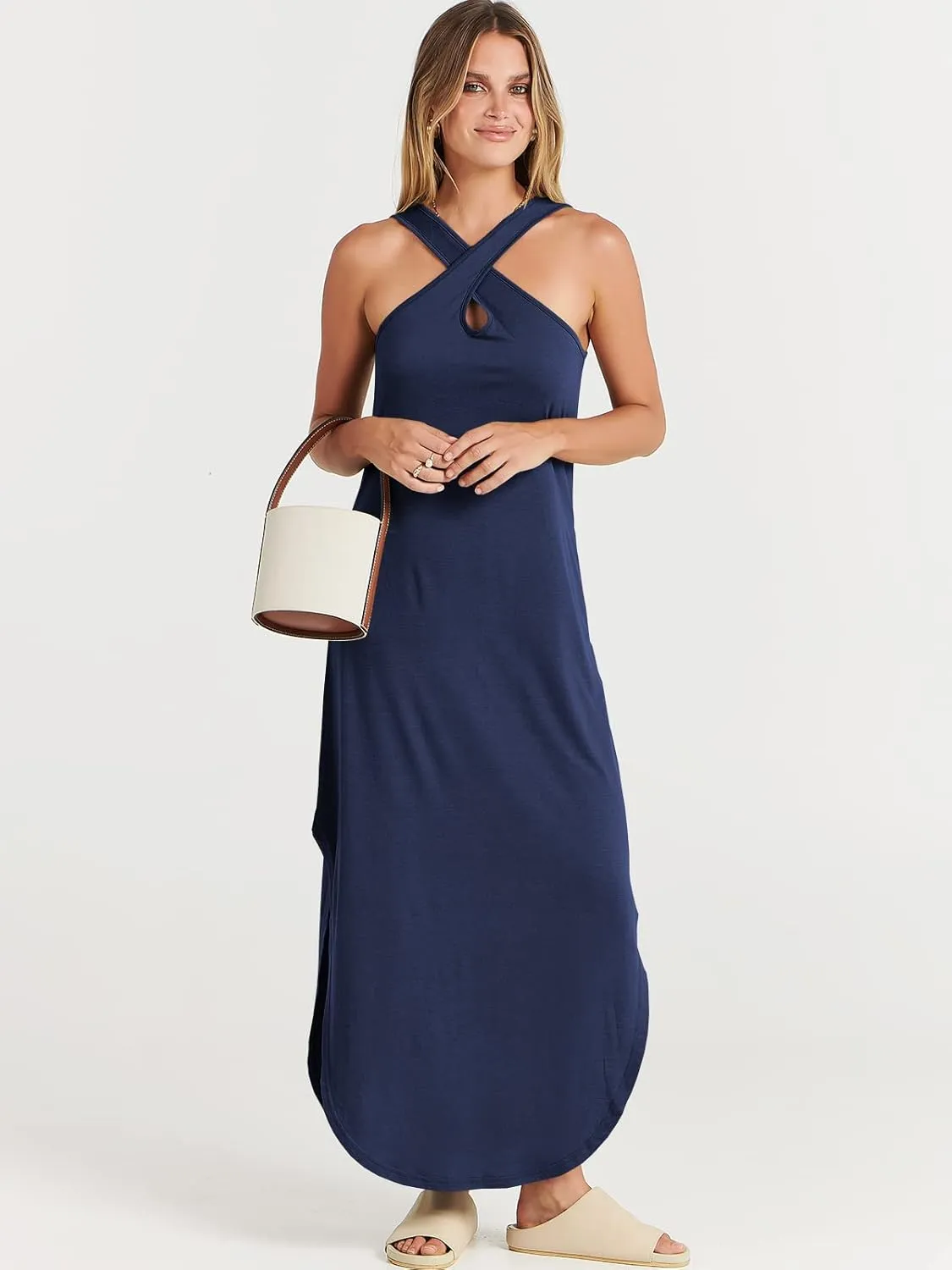 ANRABESS Women’s Casual Summer Maxi Dress Sexy Slit Side Sleeveless Loose Beach Long Sundress Vacation Outfits with Pockets