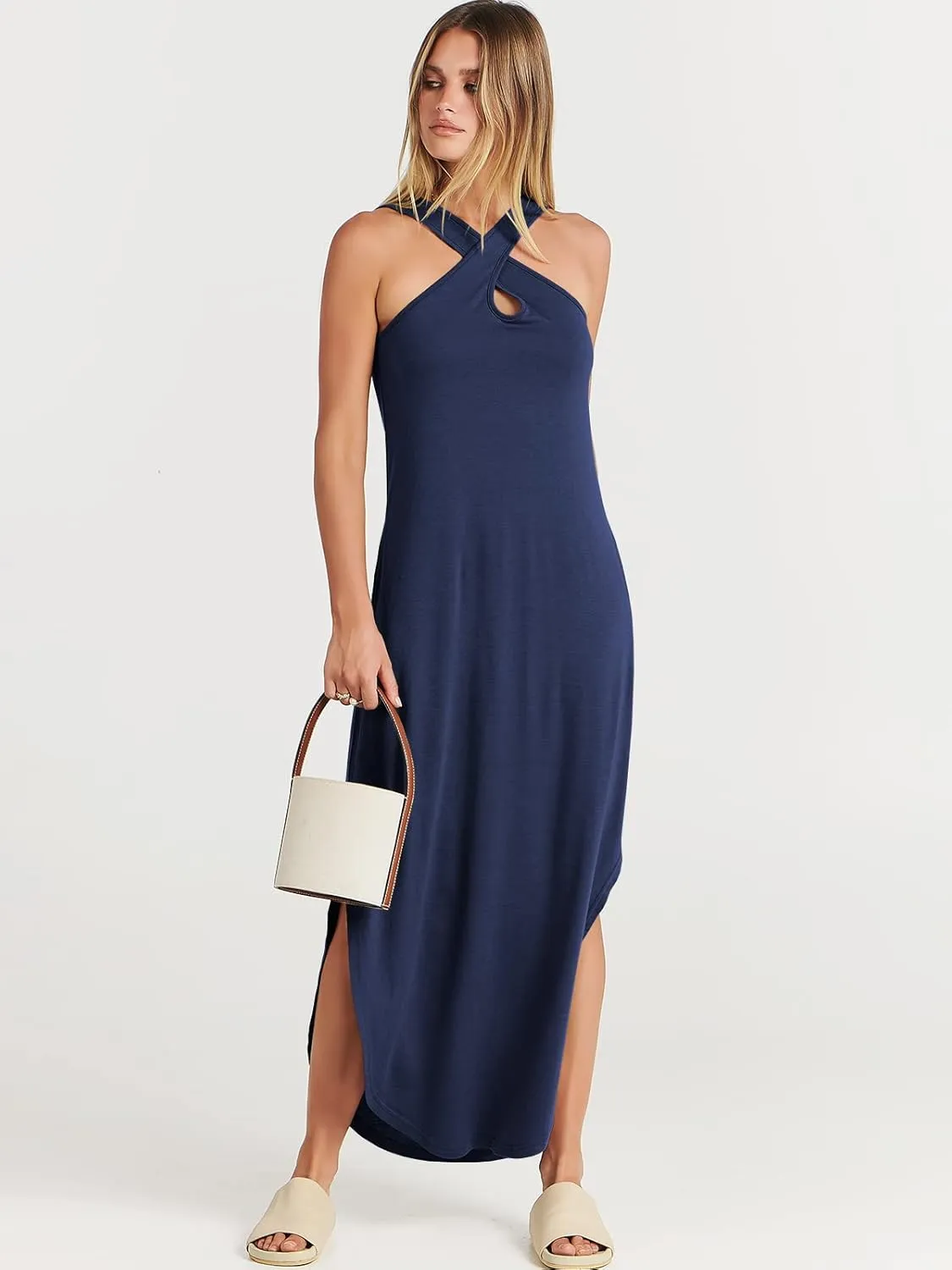 ANRABESS Women’s Casual Summer Maxi Dress Sexy Slit Side Sleeveless Loose Beach Long Sundress Vacation Outfits with Pockets