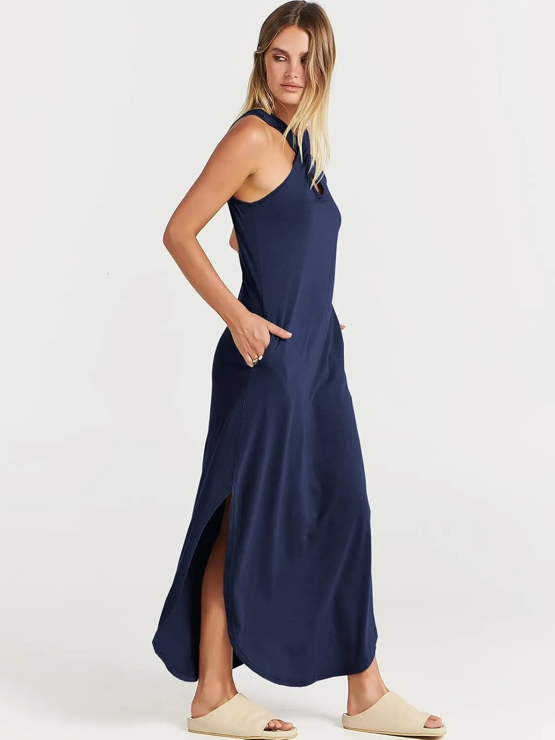 ANRABESS Women’s Casual Summer Maxi Dress Sexy Slit Side Sleeveless Loose Beach Long Sundress Vacation Outfits with Pockets