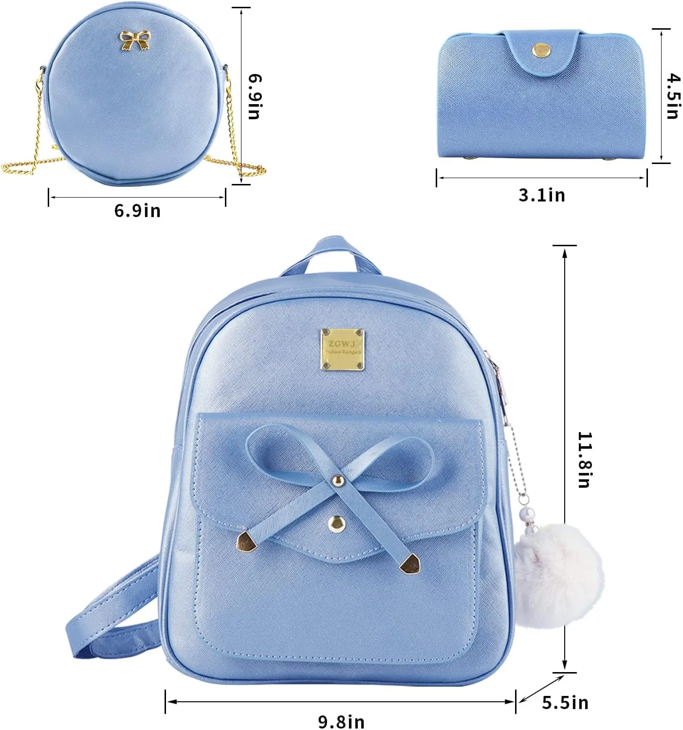 Aogist Mini Leather Backpack Purse 3-Pieces Fashion Bowknot Zipper Bags Cute Casual Travel Daypacks for and Women