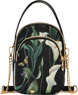 Art Calla Lily Flower Green and White trendy crossbody shoulder with multi pockets hand bags for mothers