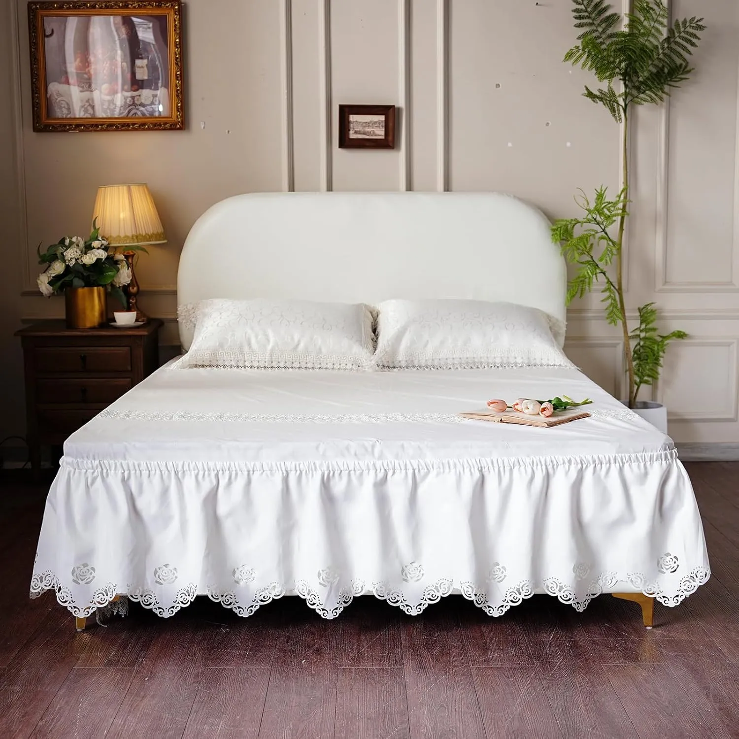 ARTABLE Lace Bed Skirts Wrap Around Ruffled Bed Scarf Elastic Dust with Adjustable Belts 15 Inch Drop Twin Queen King Size Lace Trimmed Bed Skirt (Offwhite B, Twin (54 x 80'')-15 Inch Drop)
