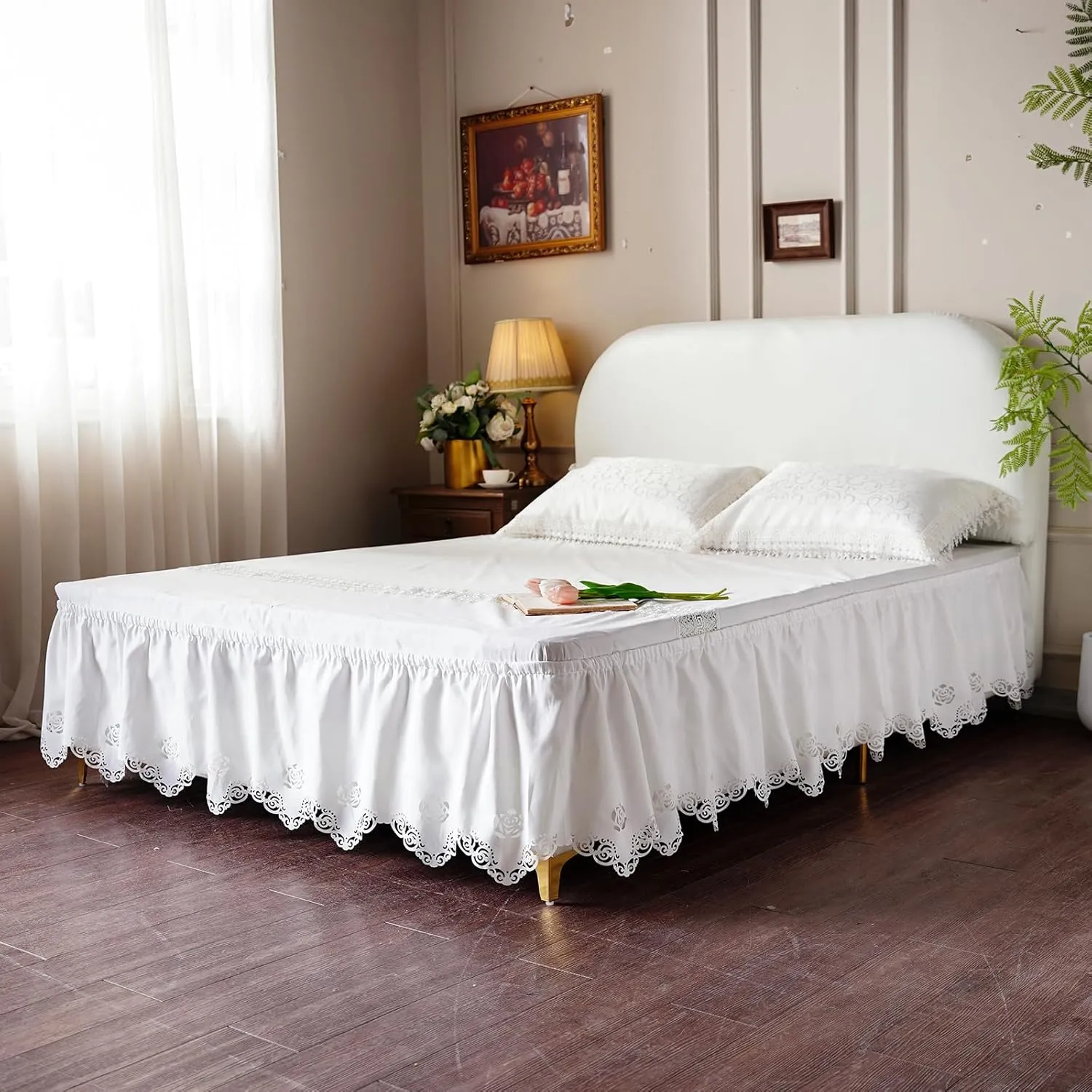 ARTABLE Lace Bed Skirts Wrap Around Ruffled Bed Scarf Elastic Dust with Adjustable Belts 15 Inch Drop Twin Queen King Size Lace Trimmed Bed Skirt (Offwhite B, Twin (54 x 80'')-15 Inch Drop)