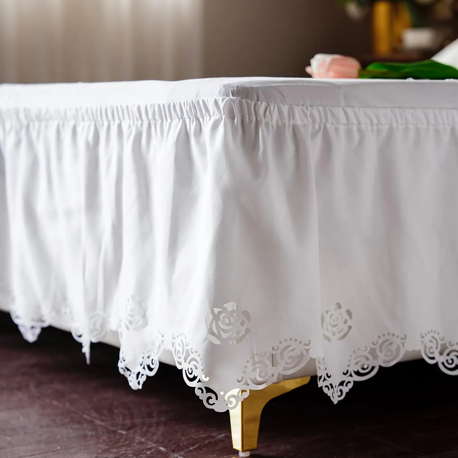 ARTABLE Lace Bed Skirts Wrap Around Ruffled Bed Scarf Elastic Dust with Adjustable Belts 15 Inch Drop Twin Queen King Size Lace Trimmed Bed Skirt (Offwhite B, Twin (54 x 80'')-15 Inch Drop)