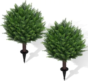 Artificial Set of 2 Cedar Topiary Ball Trees 16.5" for Outdoors with Ground Spike, UV Resistant Faux Cypress Plants into Anywhere, Evergreen Shrubs Bushes for Room Front Porch Garden Backyard Decor