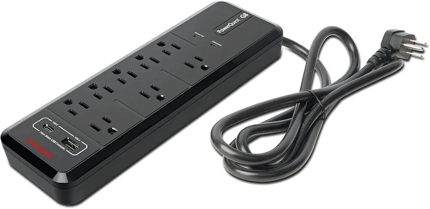 AudioQuest PowerQuest G8 – 8-Outlet Surge Protector with USB-A and USB-C Charging Ports - Perfect for TV, AV Receiver, Xbox, PlayStation, Soundbar, Computer, and Home Office