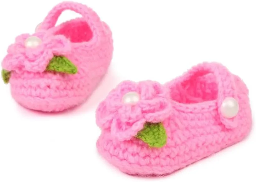 Baby Girl Crochet Knit Mary Jane Flats, Newborn Infant First Walking Shoes, Bowknot Floral, Soft Cozy