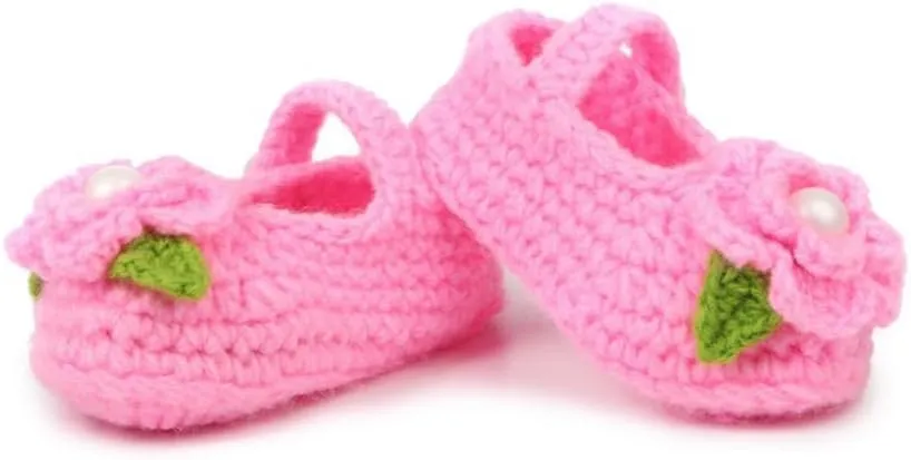 Baby Girl Crochet Knit Mary Jane Flats, Newborn Infant First Walking Shoes, Bowknot Floral, Soft Cozy