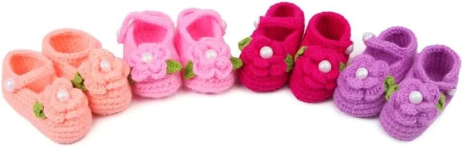 Baby Girl Crochet Knit Mary Jane Flats, Newborn Infant First Walking Shoes, Bowknot Floral, Soft Cozy