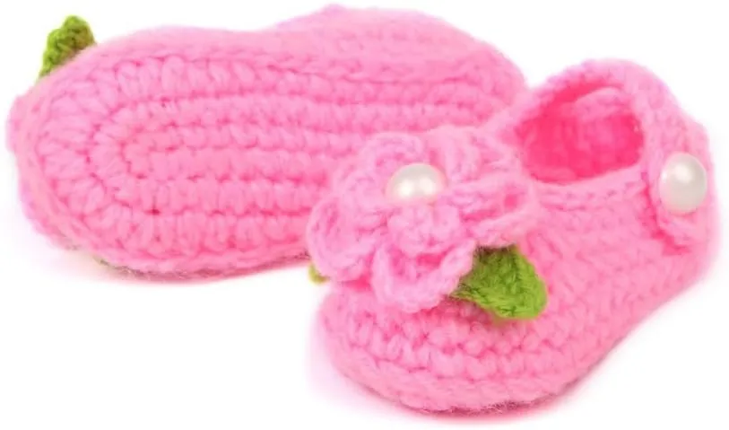 Baby Girl Crochet Knit Mary Jane Flats, Newborn Infant First Walking Shoes, Bowknot Floral, Soft Cozy