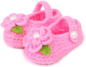 Baby Girl Crochet Knit Mary Jane Flats, Newborn Infant First Walking Shoes, Bowknot Floral, Soft Cozy
