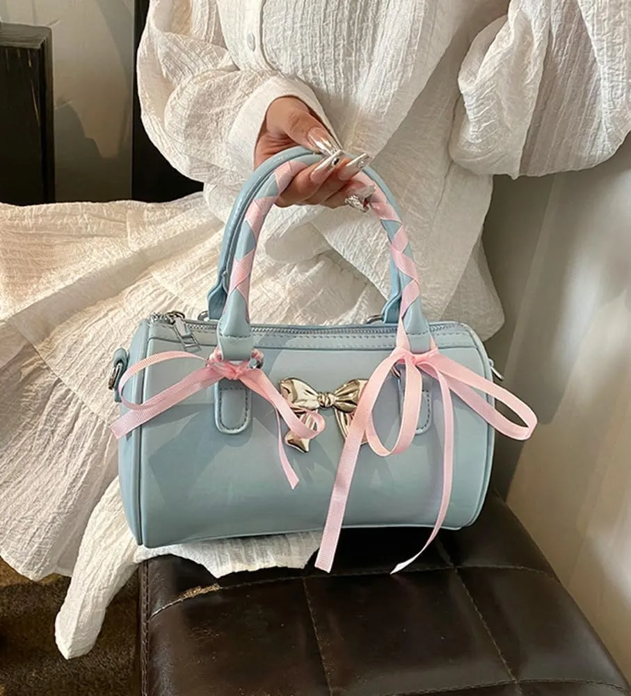 Barrel Purses for Women Bow Purse Hand Bags for Women 2024 Leather Tote Bag Y2k Purse Crossbody Boston Bag Shoulder Bag