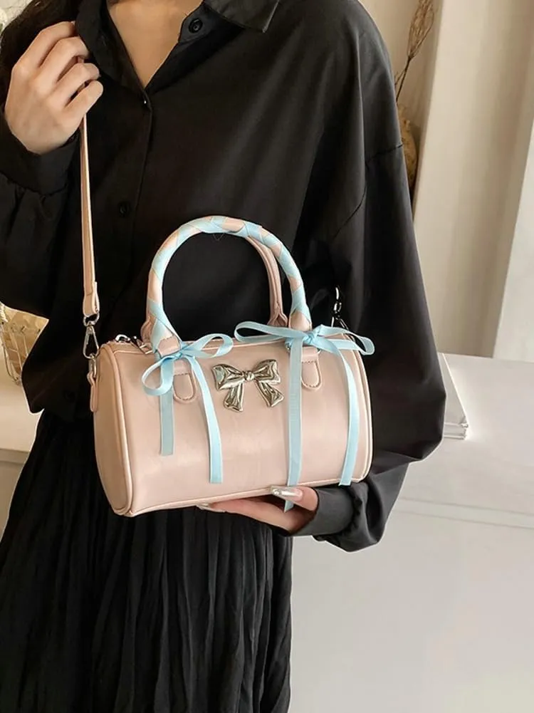 Barrel Purses for Women Bow Purse Hand Bags for Women 2024 Leather Tote Bag Y2k Purse Crossbody Boston Bag Shoulder Bag