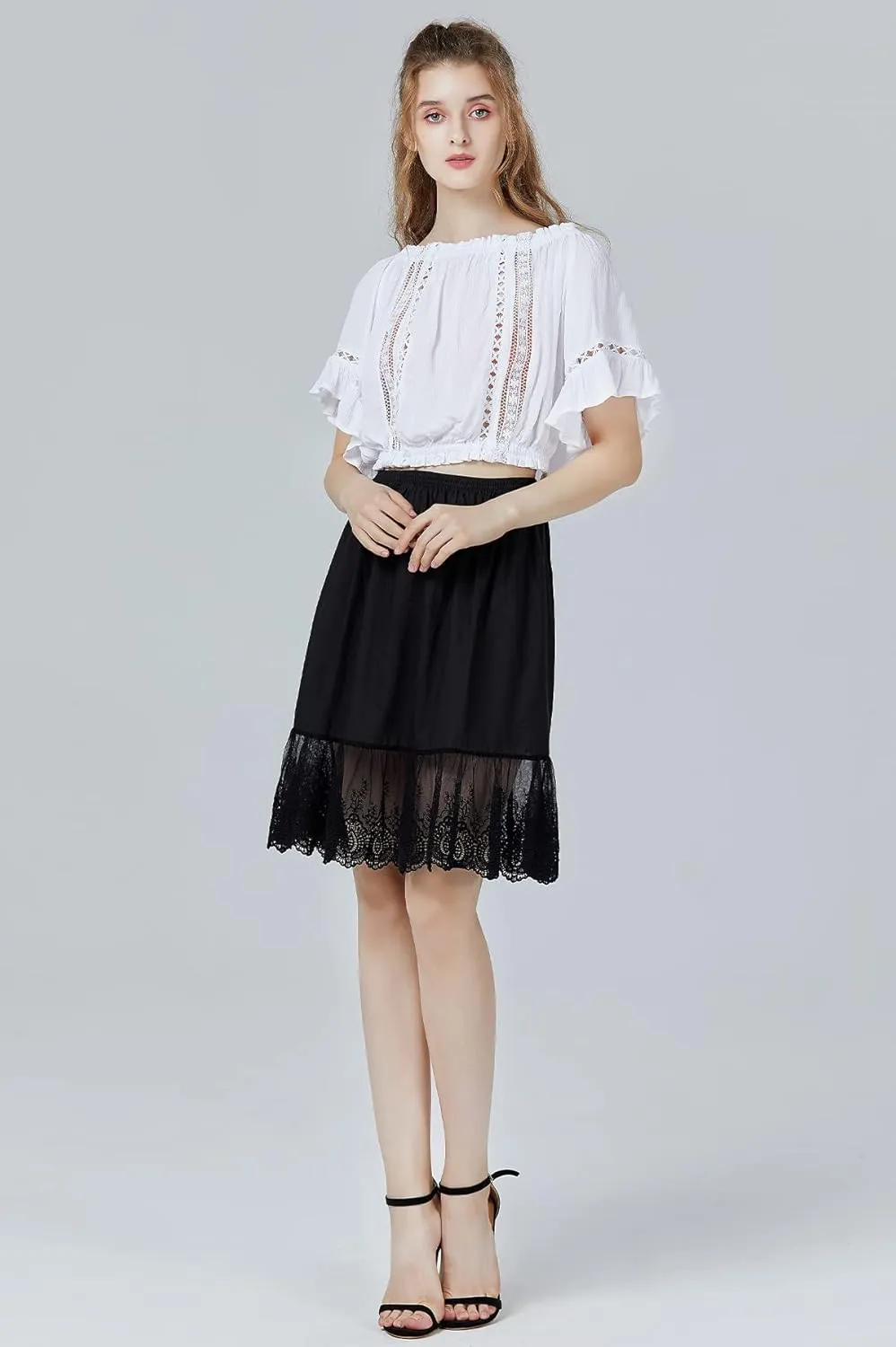 BEAUTELICATE 100% Cotton Half Slip Skirt Extender with Lace Trim Vintage Underskirt