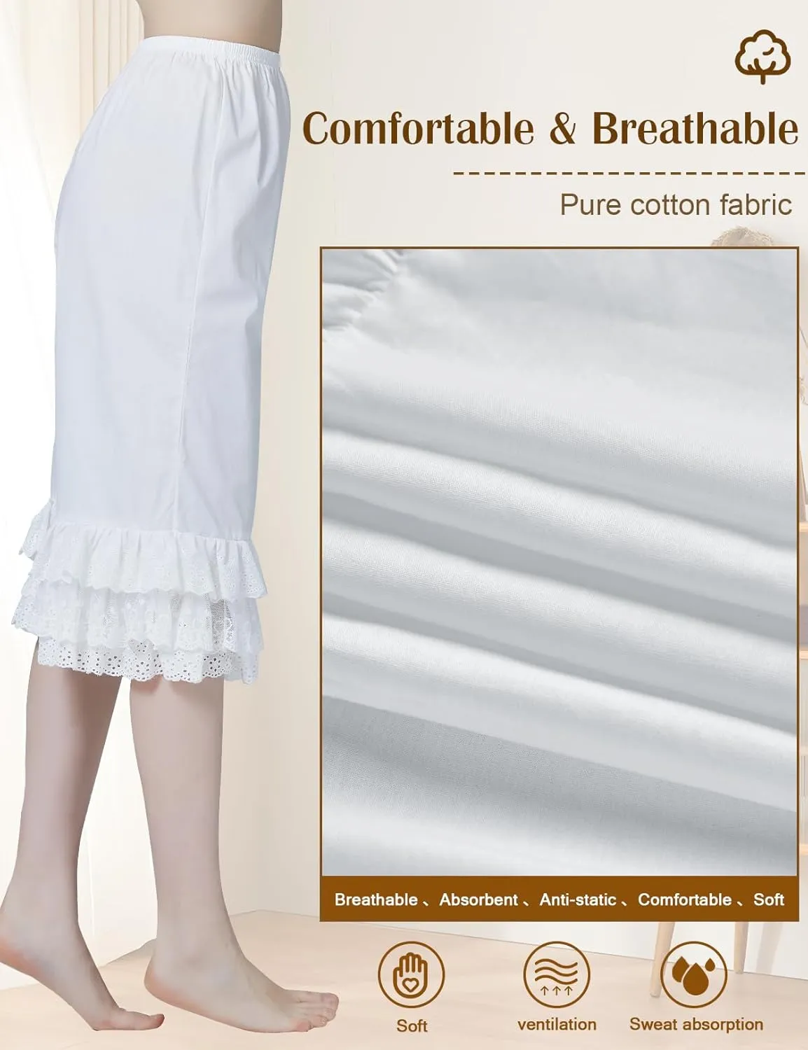 BEAUTELICATE Vintage Cotton Shorts Pettipants Culotte Slip Cropped Sleepwear Pants with Lace Edge