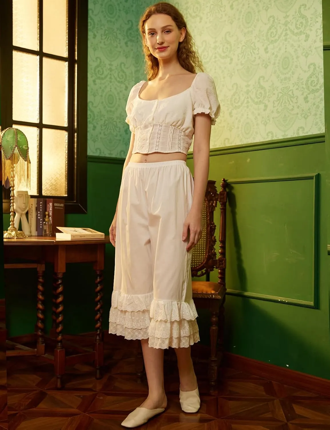 BEAUTELICATE Vintage Cotton Shorts Pettipants Culotte Slip Cropped Sleepwear Pants with Lace Edge