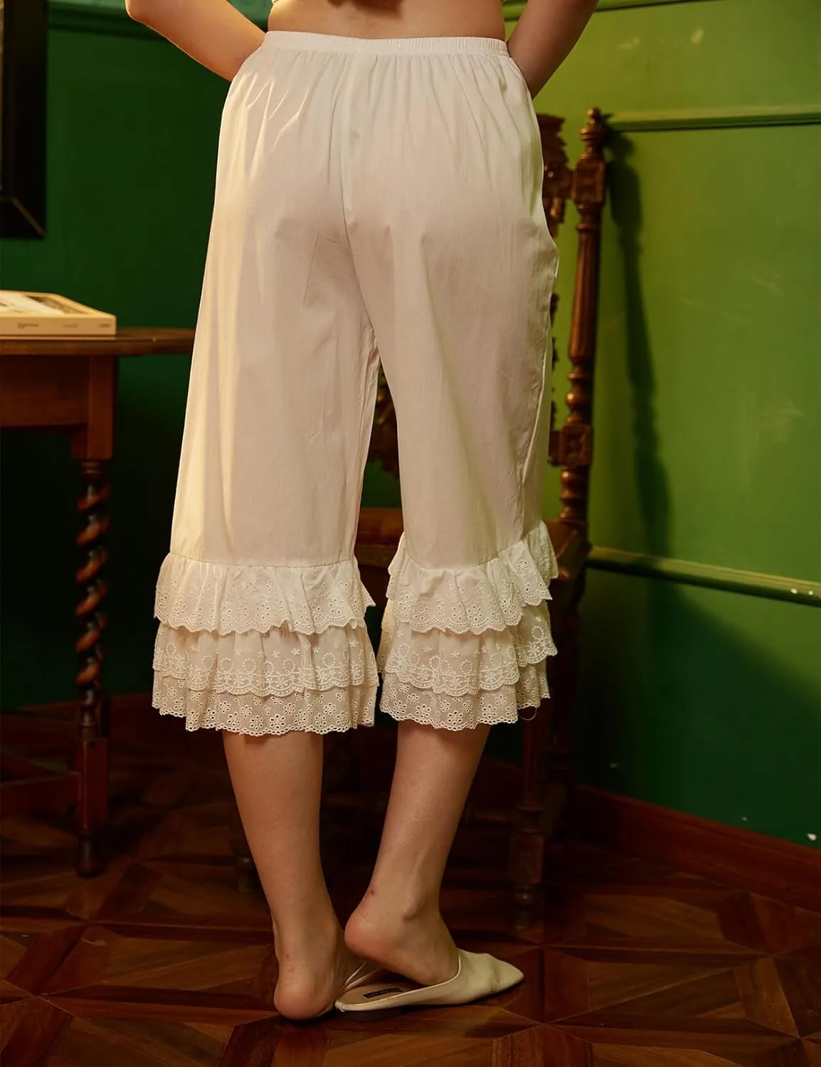 BEAUTELICATE Vintage Cotton Shorts Pettipants Culotte Slip Cropped Sleepwear Pants with Lace Edge