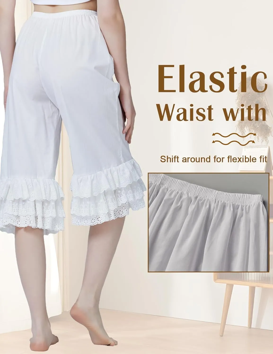 BEAUTELICATE Vintage Cotton Shorts Pettipants Culotte Slip Cropped Sleepwear Pants with Lace Edge